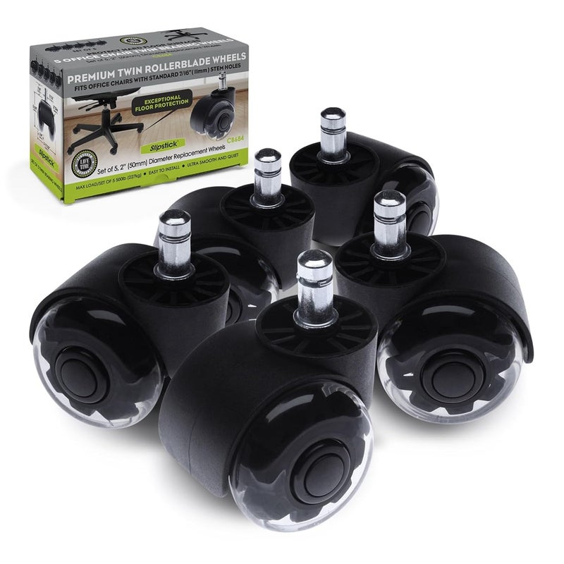 Slipstick 2 Inch Premium Rubber Office Chair Wheels (Set of 5) for All Hard Surface Floors & Carpet, Heavy Duty Twin Rollerblade Chair Replacement Caster Wheels with Universal Fit 7/16 Inch Stem - Image 1